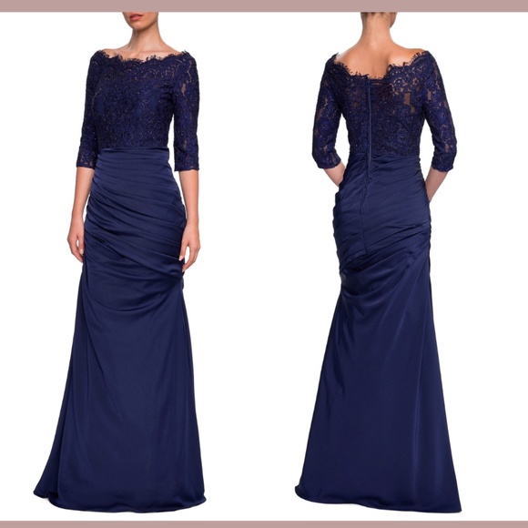 NWT $638 La Femme [ 4 ]‎ Sparkle Lace Trumpet Gown in Navy Blue